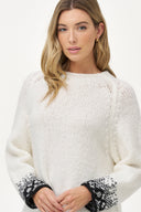 Women's Oversized High Crew-Neck Sweater with Patterned Cuffs & Hem