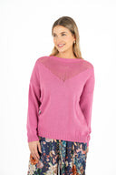 WOMEN'S BOAT-NECK SWEATER, WITH LARGE POINTELLE DETAILING IN A V-SHAPED DESIGN, LONG SLEEVES WITH A DROPPED SHOULDER