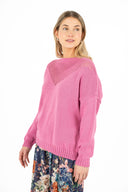 WOMEN'S BOAT-NECK SWEATER, WITH LARGE POINTELLE DETAILING IN A V-SHAPED DESIGN, LONG SLEEVES WITH A DROPPED SHOULDER