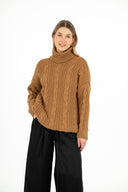WOMEN'S CABLE-KNIT TUNIC LENGTH SWEATER, WITH A TURTLE-NECK COLLAR, LONG SLEEVES AND A DROPPED SHOULDER