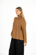 WOMEN'S CABLE-KNIT TUNIC LENGTH SWEATER, WITH A TURTLE-NECK COLLAR, LONG SLEEVES AND A DROPPED SHOULDER