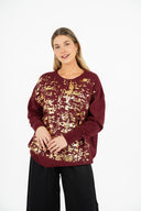 WOMEN'S KNIT CREW-NECKLINE SWEATER WITH SET-IN LONG SLEEVES AND GOLD FOIL DETAILING
