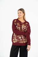 WOMEN'S KNIT CREW-NECKLINE SWEATER WITH SET-IN LONG SLEEVES AND GOLD FOIL DETAILING