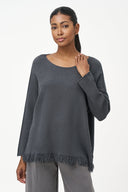 Women's Boat-Neck Sweater with Long Sleeves & Fringe Hem
