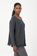 Women's Boat-Neck Sweater with Long Sleeves & Fringe Hem
