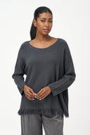 Women's Boat-Neck Sweater with Long Sleeves & Fringe Hem