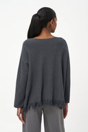 Women's Boat-Neck Sweater with Long Sleeves & Fringe Hem