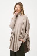 Women's Oversized Knit Turtleneck Sweater, Long Sleeves & Scooped Hem