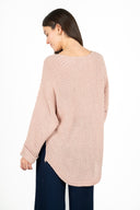 WOMEN'S KIT BOAT-NECK SWEATER, WITH LONG BAT SLEEVES AND A ROLLED CUFF, A CURVED HI/LOW HEMLINE AND A CABLE KNIT DETAIL ACROSS THE CHEST & ARMS