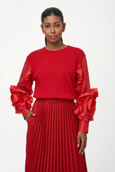 Women's Knit Sweater with Sheer Sleeves & Floral Detail